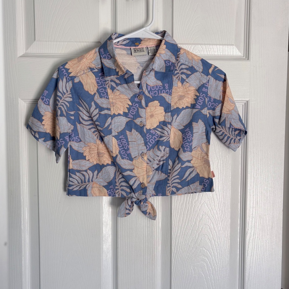 Scotch & Soda Girls' Button Up Shirt M Blue Floral Tie Front Cropped Kids